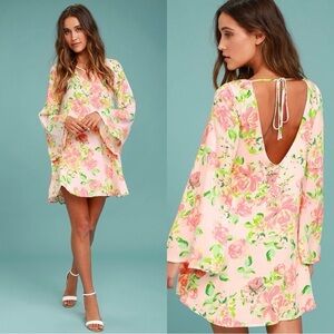 Lulus “In High Spirits” Floral Pink Bell Sleeve Dress – Size XS